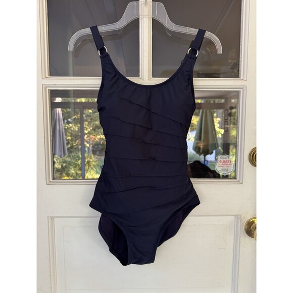 Calvin Klein Scoop-Neck Textured One-Piece Navy Blue Size 8 Modest Starburst - Picture 1 of 9